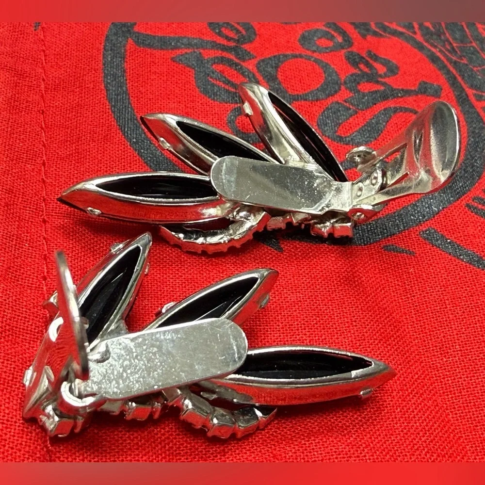 Vintage Black & Clear Rhinestones Silve-tone Clip On Earrings Open‎ Back Prongs